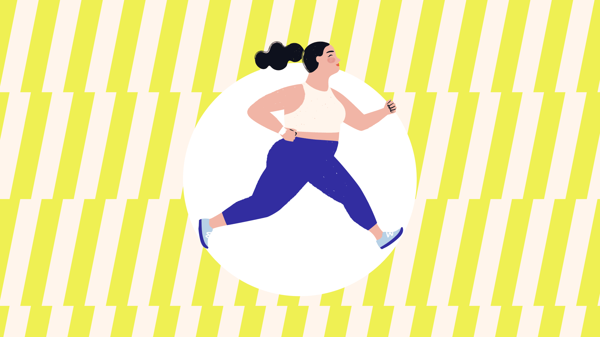 Woman running in circle on striped background