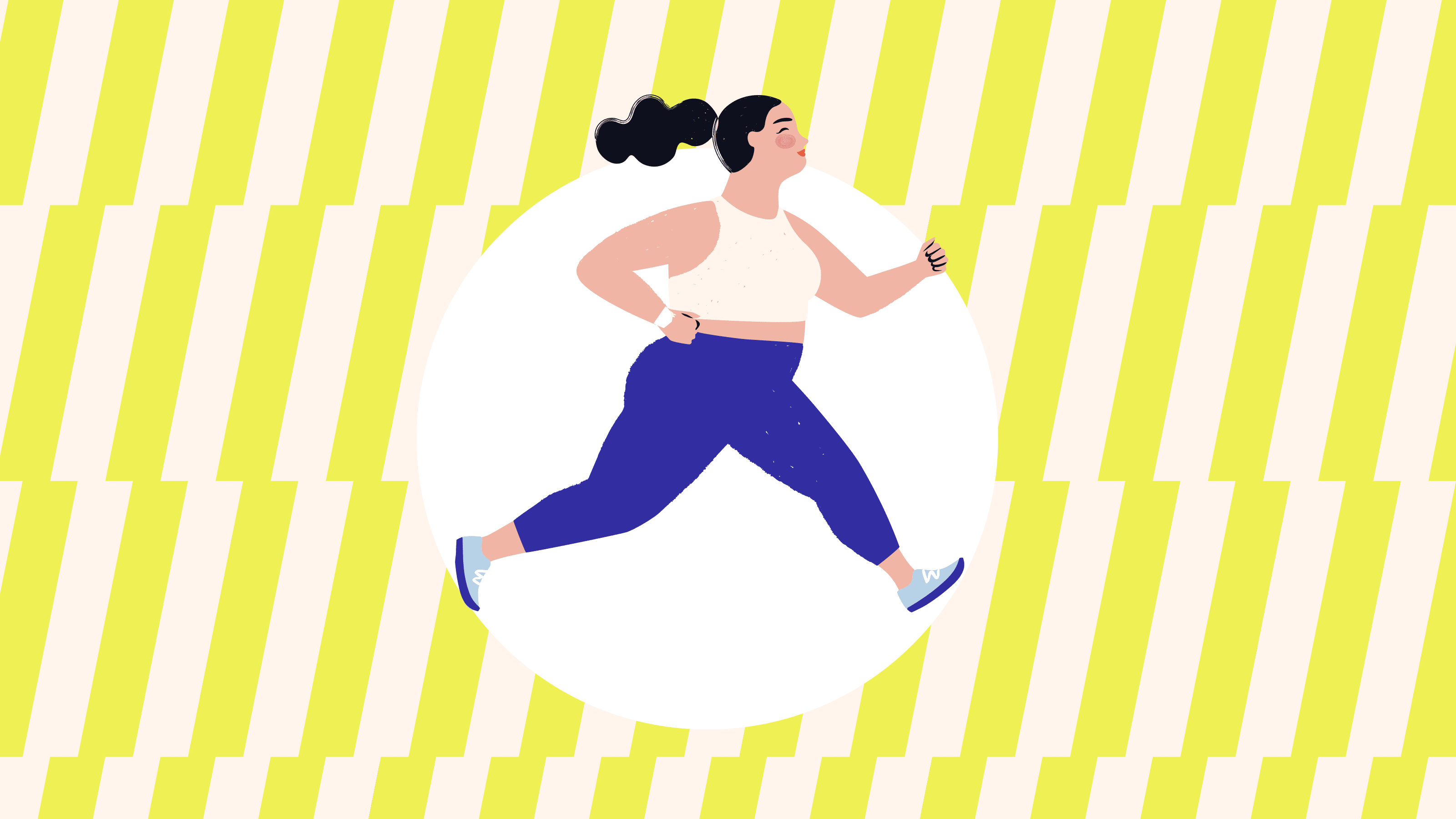 Woman running in circle on striped background