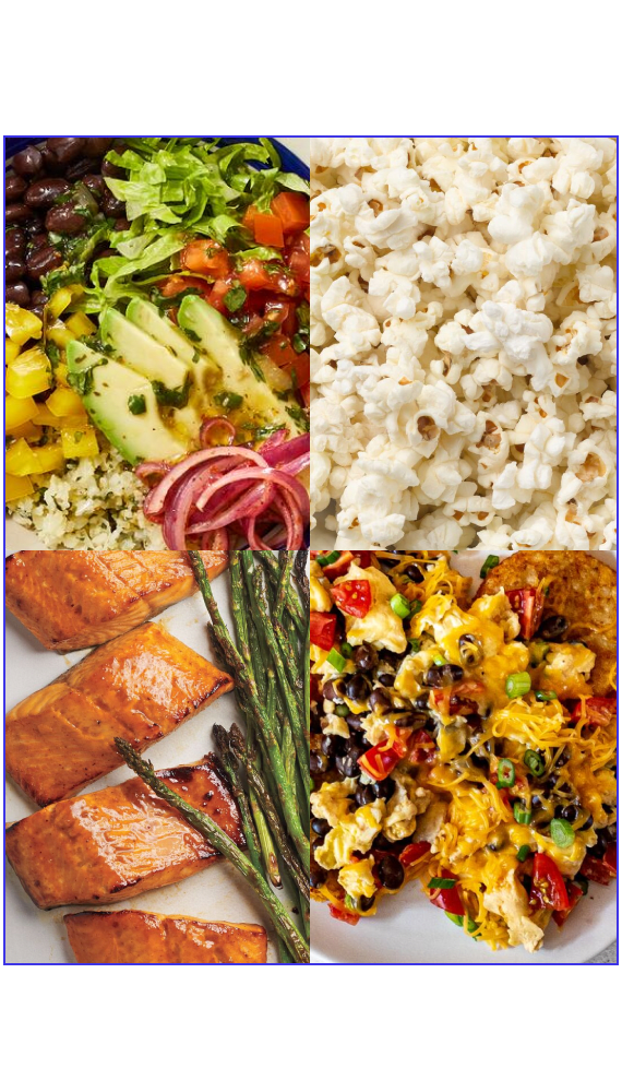 Collage de 4 photos de recettes: un burrito, du popcorn, du saumon, des oeufs brouillés