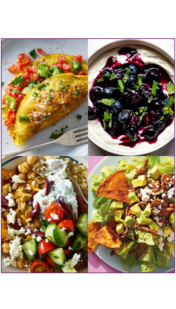 recettes : omelette, salade grecque, tacos, bol de yaourt et fruits frais.