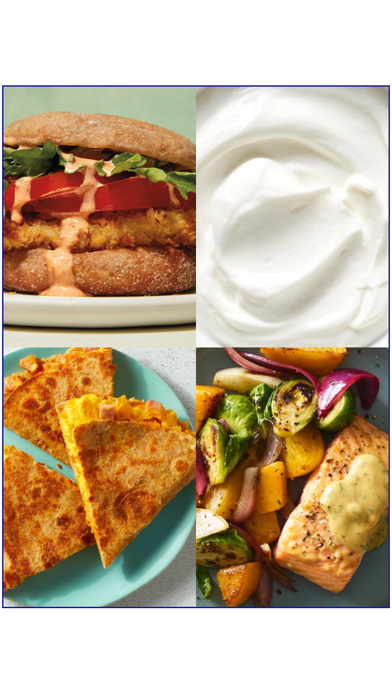 Collage de 4 photos de recettes: pain pita, yogourt, hamburger au poulet, saumon aux légumes.