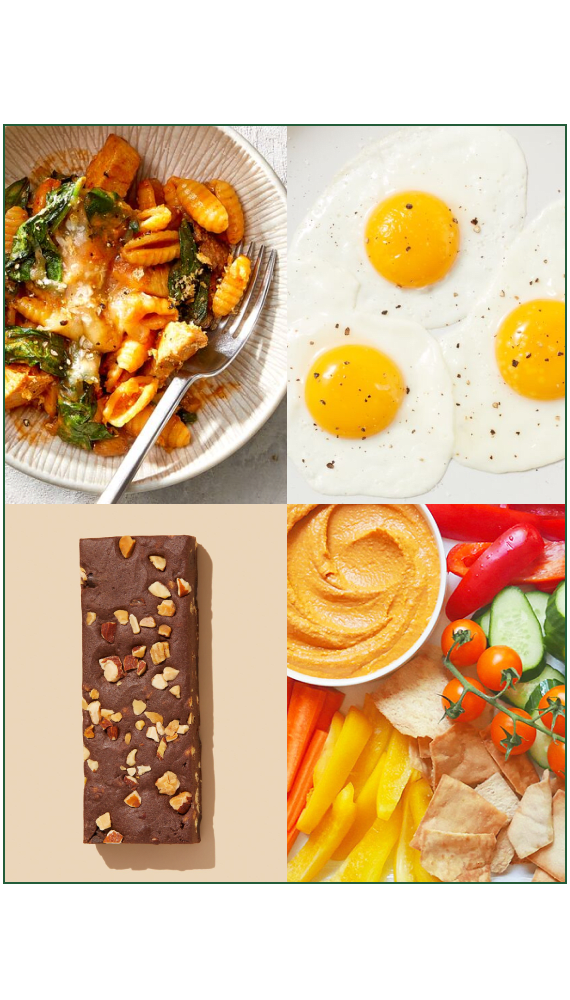grilled chicken and chicpea pasta, eggs sunny side up, hummus and veggies, protein bar