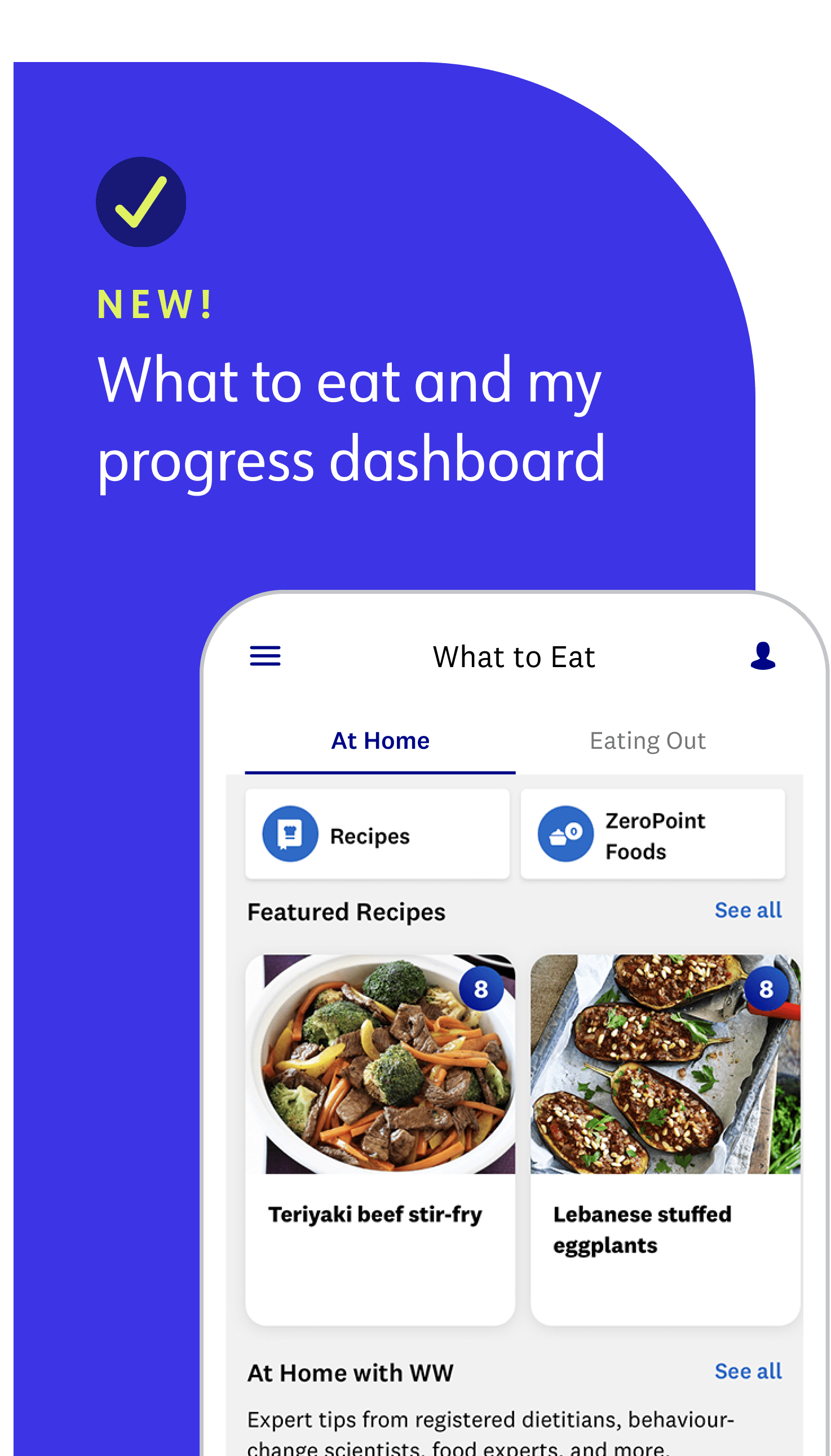 new! what to eat and my progress dashboard