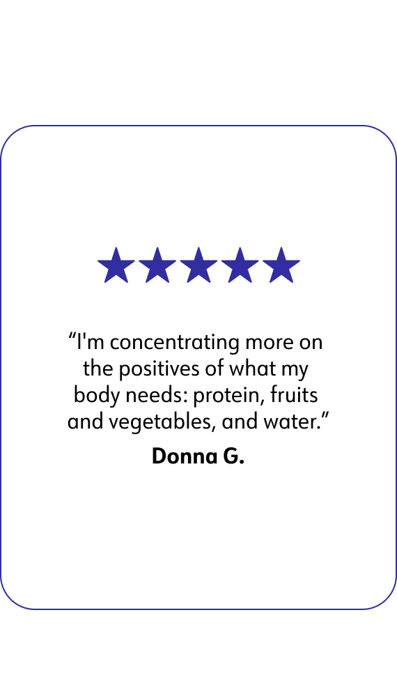 Donna G. says: I'm concentrating more on the positives of what my body needs: protein, fruits and vegetables, and water.