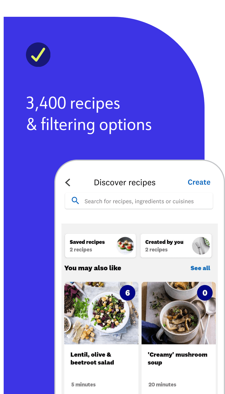 Find in the WW app 3,400 recipes and filtering options.