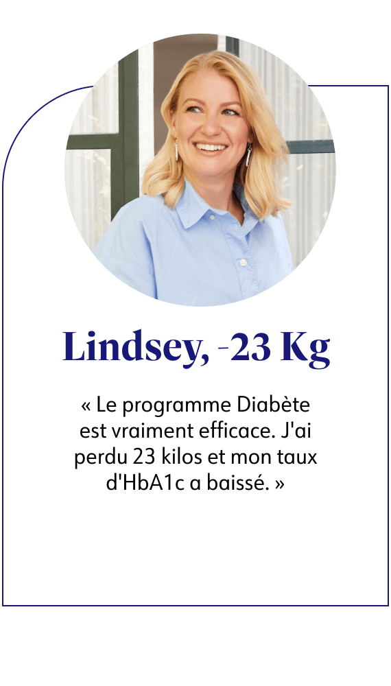 Lindsey, -23kg  Le programme Diabète est vraiment efficace. J'ai perdu 23 kilos et mon taux d'HbA1c a baissé.