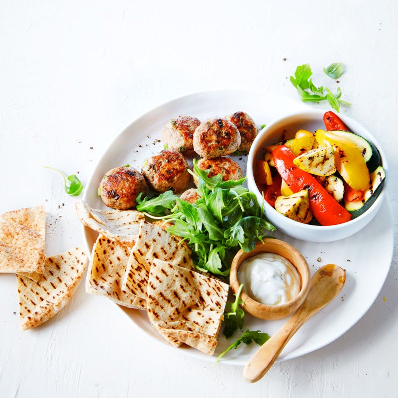 Photo of Spiced turkey rissoles with tzatziki and grilled vegetables by WW