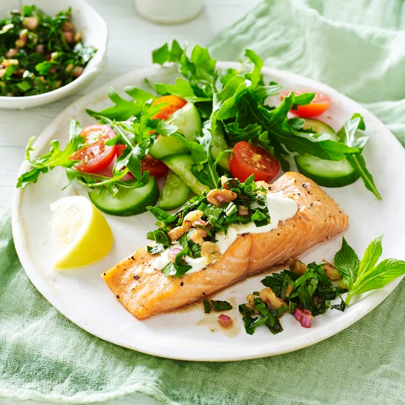 Photo of Baked salmon with tahini yoghurt and mint salsa by WW