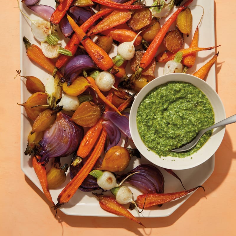 Roasted roots with carrot top pesto