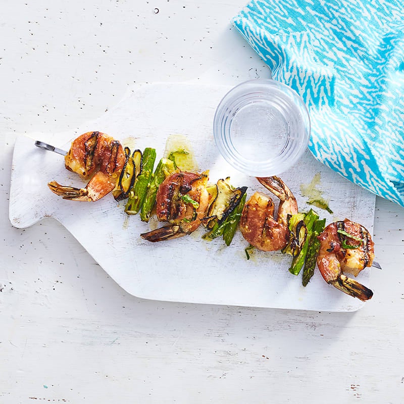 Prosciutto-wrapped shrimp kebabs