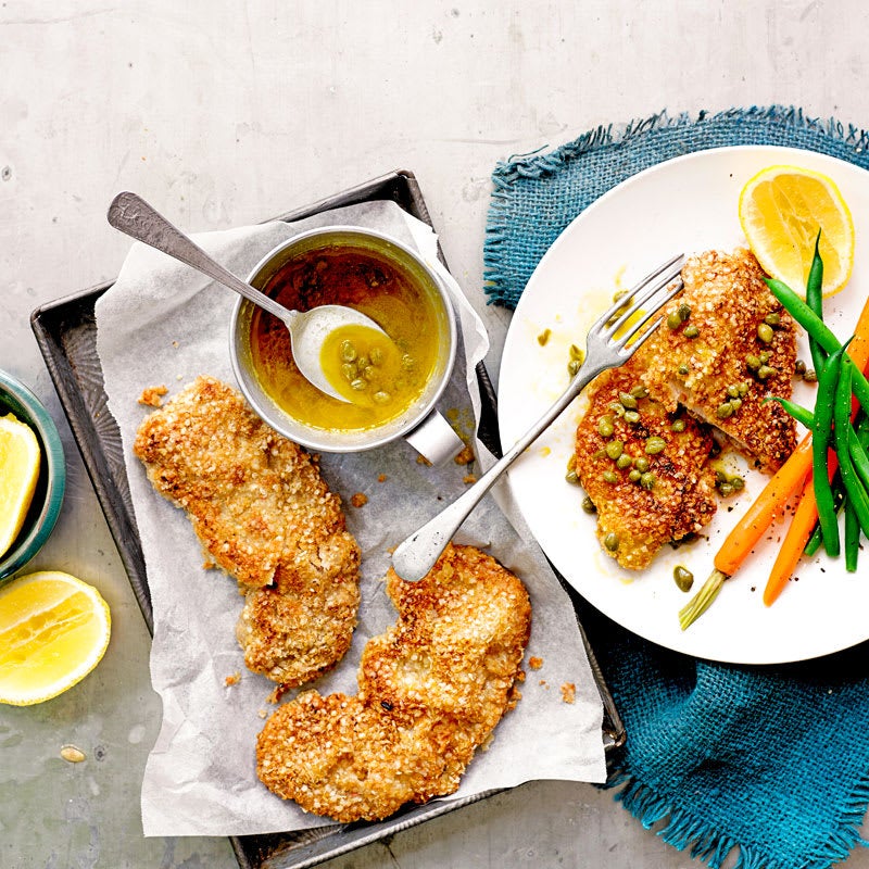Photo of Quinoa crumbed pork schnitzels with lemon caper sauce by WW