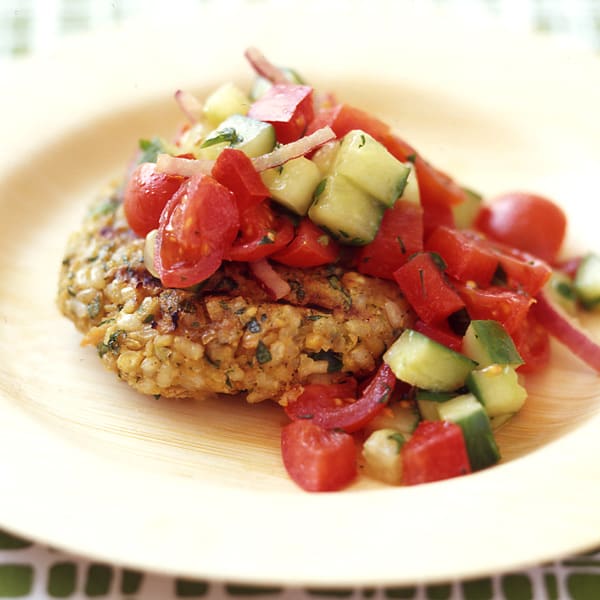 Photo of Chickpea and Brown Rice Veggie Burgers with Tomato Salad by WW