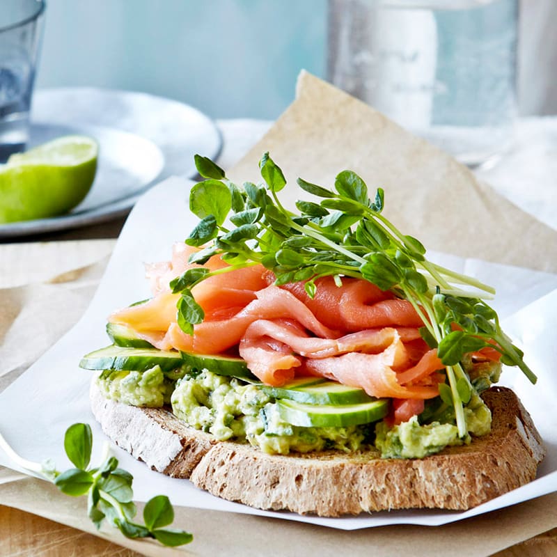 Photo of Toasted rye with spicy avocado, salmon and snow pea shoots by WW