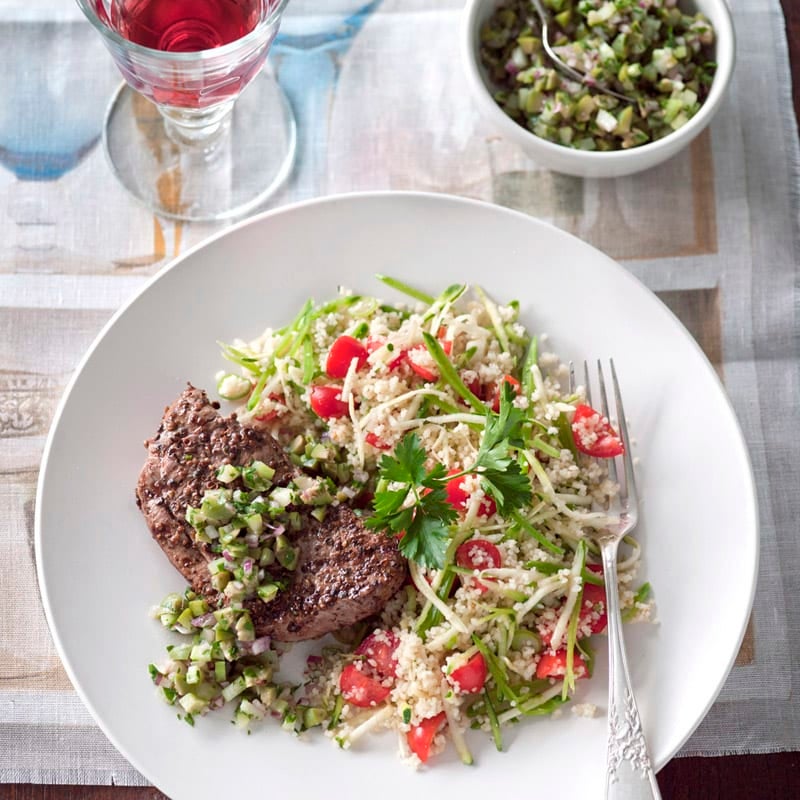 Photo of Lamb with green olive dressing and tomato couscous by WW