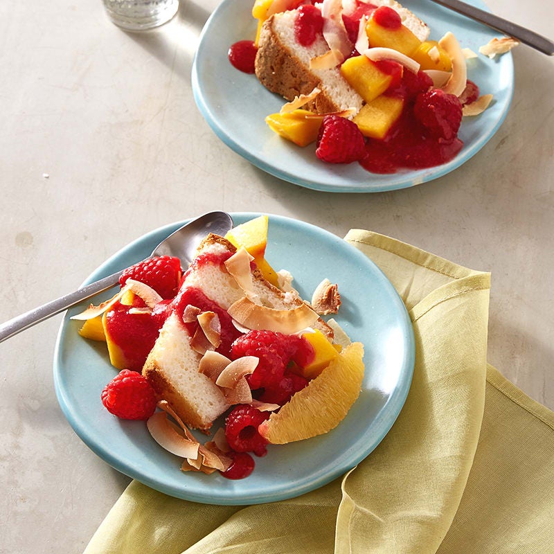 Photo of Angel food cake with tropical fruit salad and raspberry sauce by WW