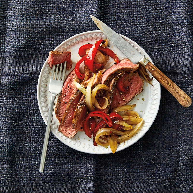 Photo of Grilled Rib Eye Steaks with Roasted Peppers & Onions by WW