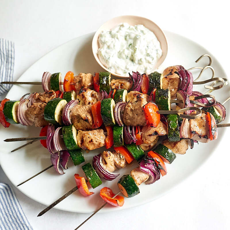 Photo of Grilled chicken-vegetable kebabs with tzatziki by WW