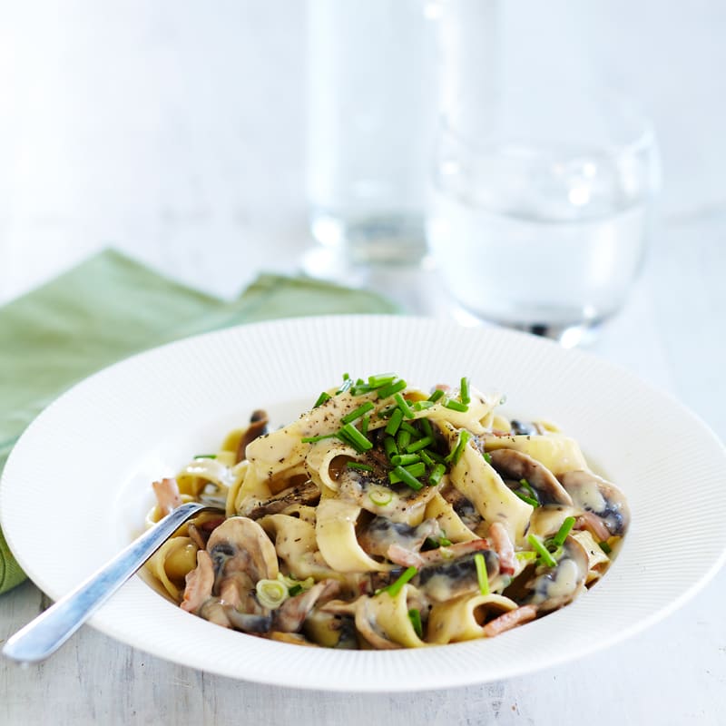 Photo of Tagliatelle with bacon and creamy mushroom sauce by WW
