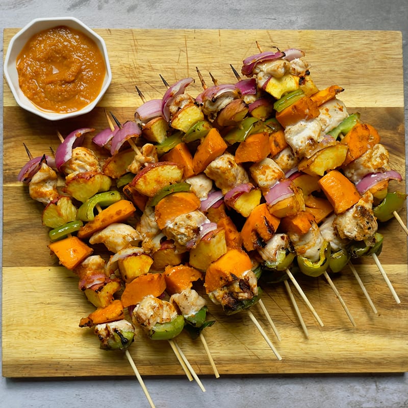Photo of BBQ chicken skewers with peaches and sweet potatoes by WW
