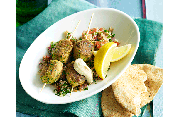 Falafel skewers with hummus and tabouli