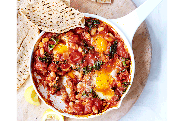 shakshuka with white beans and kale