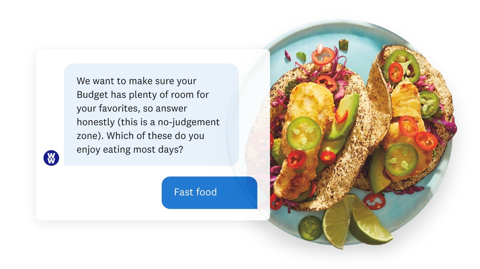 A plate of tacos and a screenshot of a PersonalPoints™ Engine question