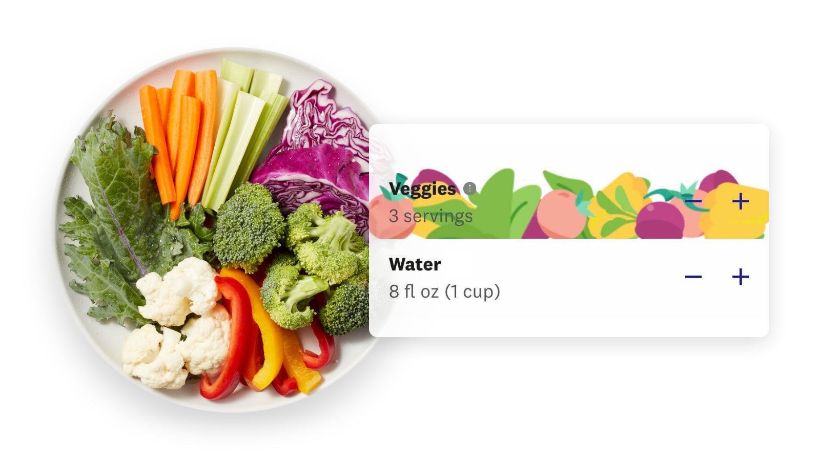 A plate of raw vegetables and a screenshot of the WW in-app veggies and water trackers