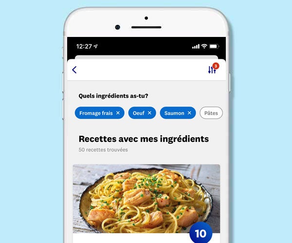 écran de l'app avec recettes vide-frigo