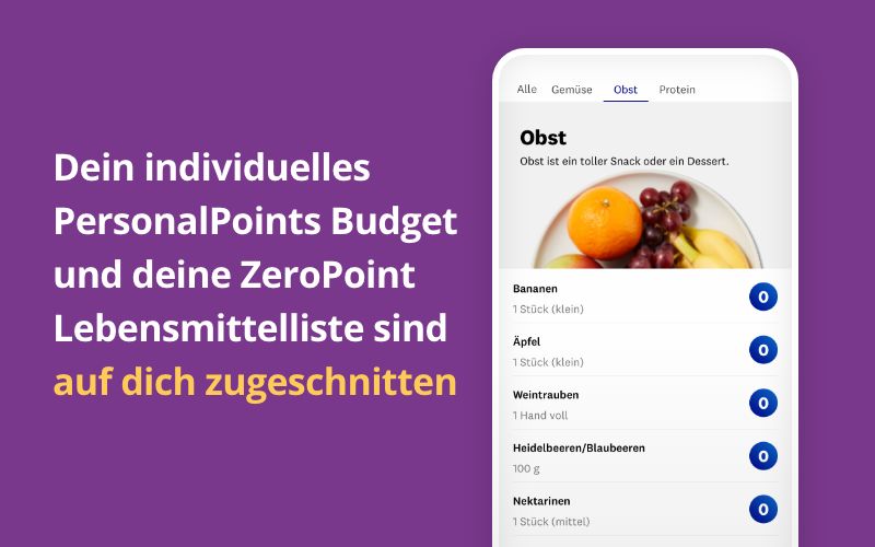 Vorschau in der App, die verschiedene ZeroPoint Lebensmittel zeigt