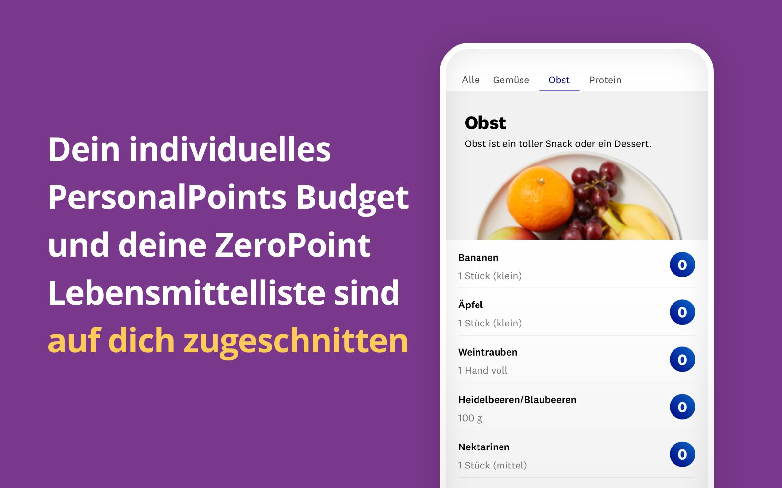 Ein Bildschirm der App zeigt verschiedene ZeroPoint Lebensmittel.