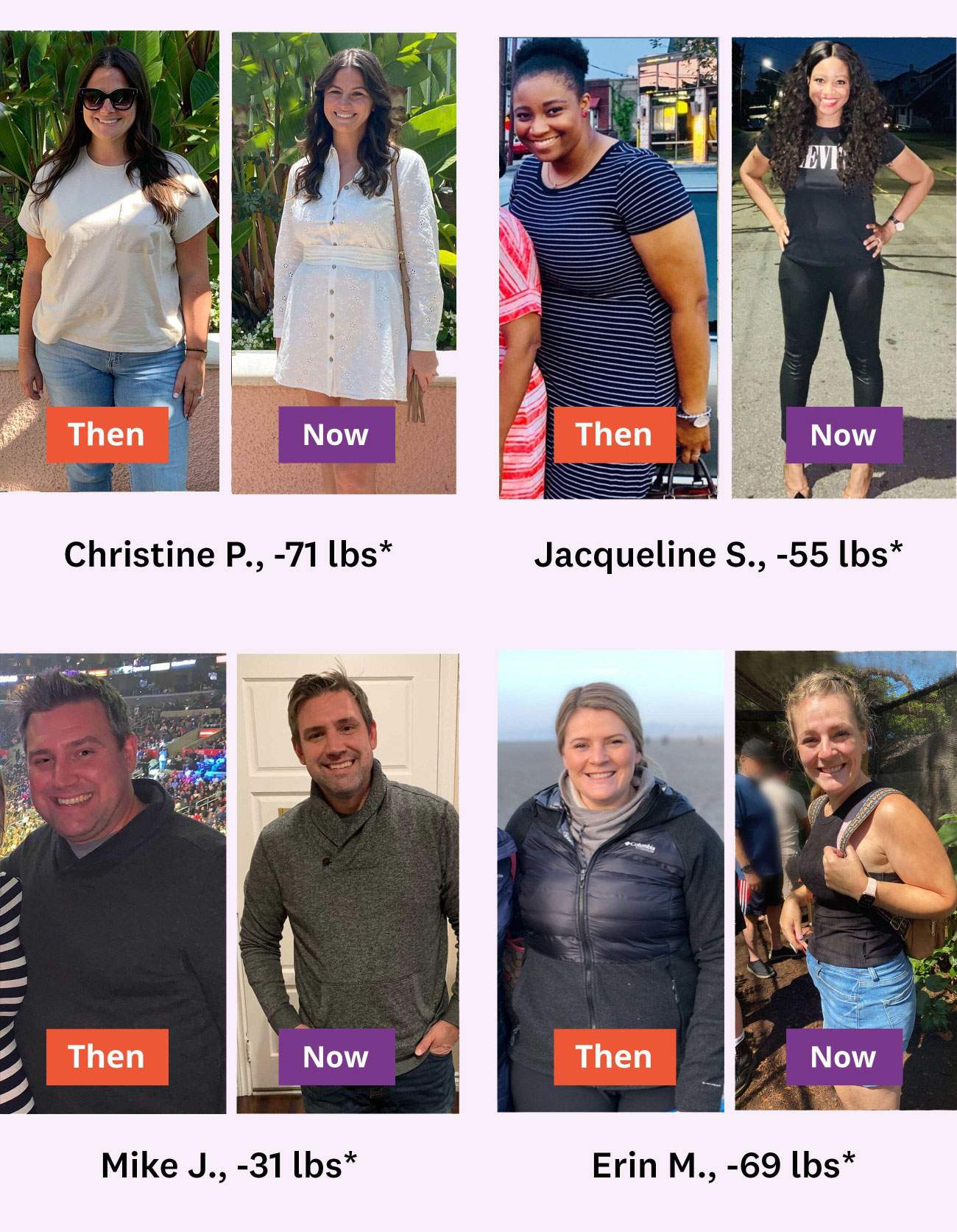 A grid featuring WW members Christine P. (lost 71 pounds), Jacqueline S. (lost 55 pounds), Mike J. (lost 31 pounds), and Erin M. (lost 69 pounds).