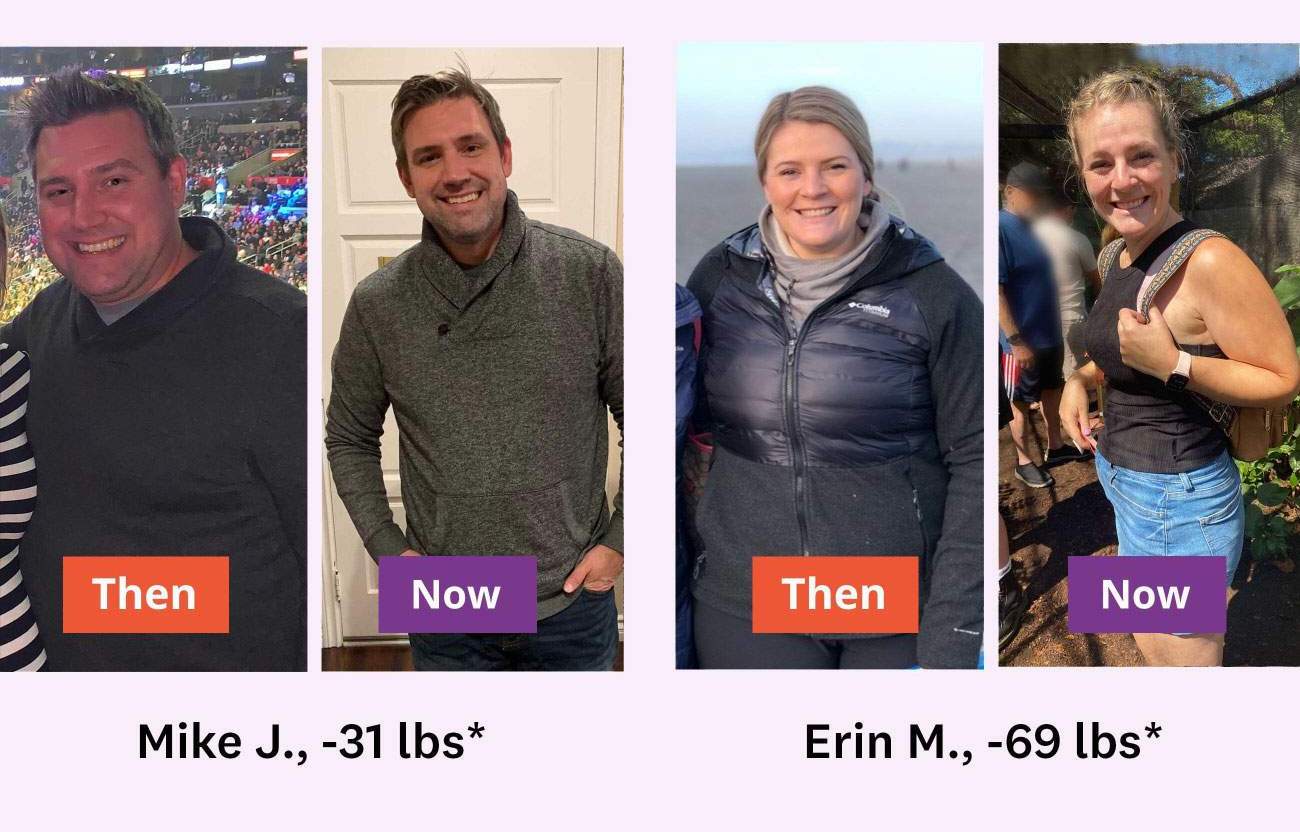 A grid featuring WW members Mike J. (lost 31 pounds) and Erin M. (lost 69 pounds).