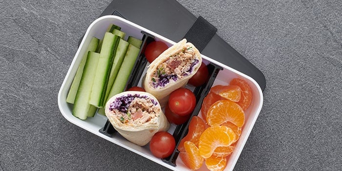 Divided lunch box Salsa Tuna Salad Wrap and fruit