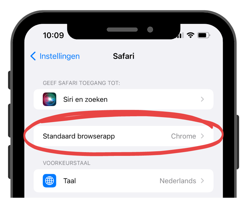 Screenshot of iOS Settings app showing Safari as default browser app
