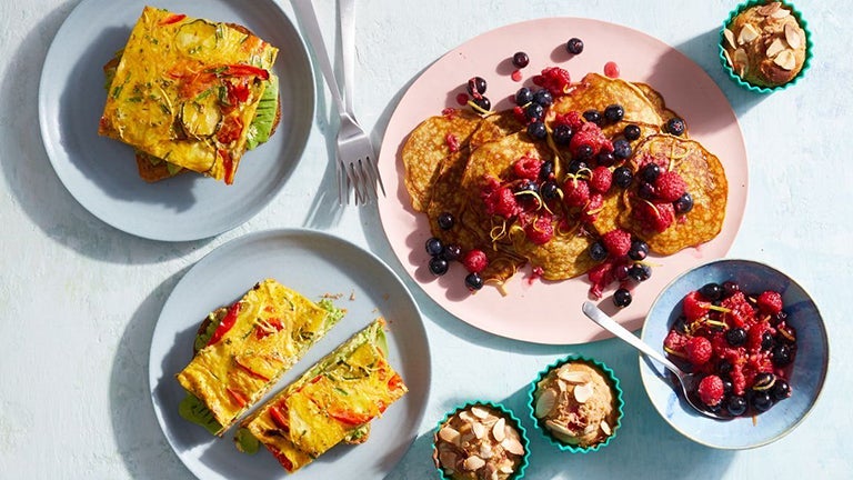 Frittata on avocado toast, pancakes with blueberries, and almond muffins, all WW recipes