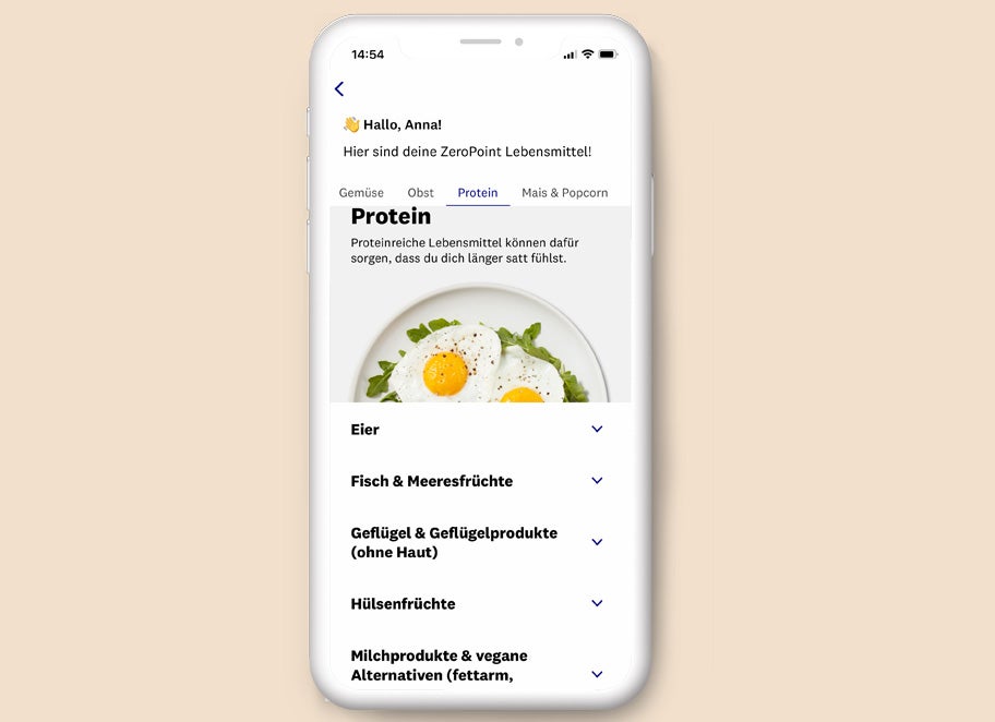Vorschau der ZeroPoint Lebensmittel in der App