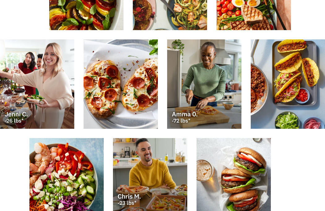 Grid of images featuring WW recipes, such as pizza, and WW members Jenni C. (lost 25 pounds), Jacqueline S. (lost 55 pounds), and Zackory K. (lost 33 pounds).