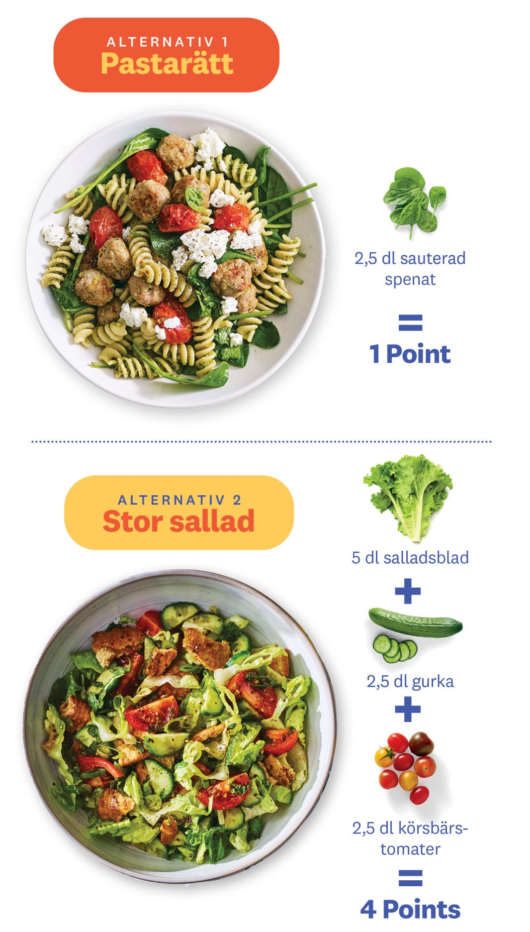 OPTION 1: PASTA DISH ½ cup of spinach + ½ cup of cherry tomatoes = Earns 1 Point; OPTION 2: BIG SALAD 2 cups of lettuce + 1 cup of cukes + 1 cup of cherry tomatoes = Earns 4 Points