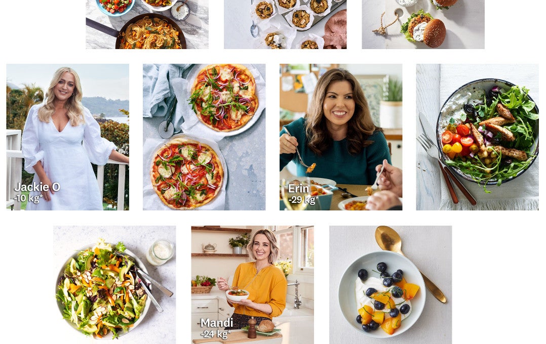 Grid of images featuring WW recipes, such as pizza, and WW members Jenni C. (lost 25 pounds), Jacqueline S. (lost 55 pounds), and Zackory K. (lost 33 pounds).