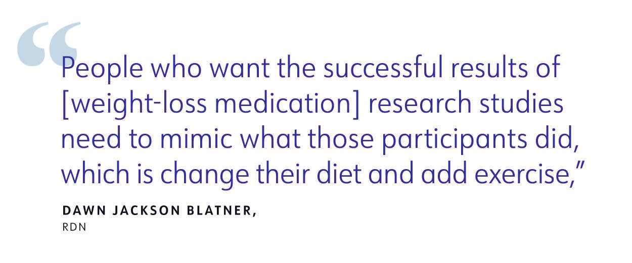 “People who want the successful results of [weight-loss medication] research studies need to mimic what those participants did, which is change their diet and add exercise,” -Dawn Jackson Blatner, RDN
