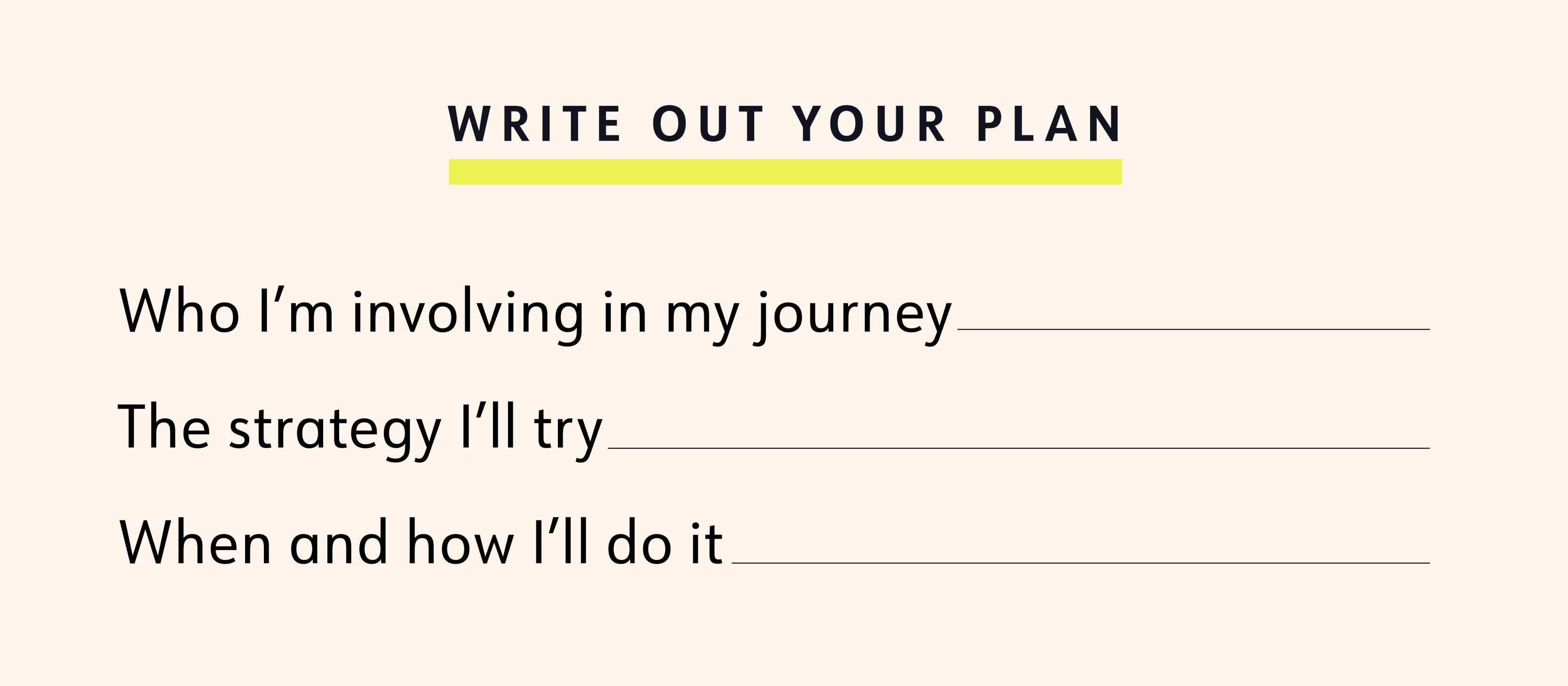 Write out your plan Who I’m involving in my journey  [fill in the blank] The strategy I’ll try [fill in the blank] When and how I’ll do it [fill in the blank]