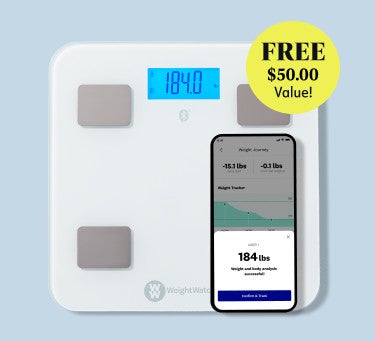Body weight scale featured with a burst touting that it is free and a $50 value. Also shown is a screenshot of the weight tracking in the app.
