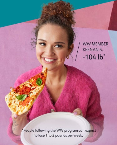 WW member Keenan S. eats a slice of pizza. She has lost 104 pounds. People following the WW program can expect to lose 1 to 2 pounds per week.