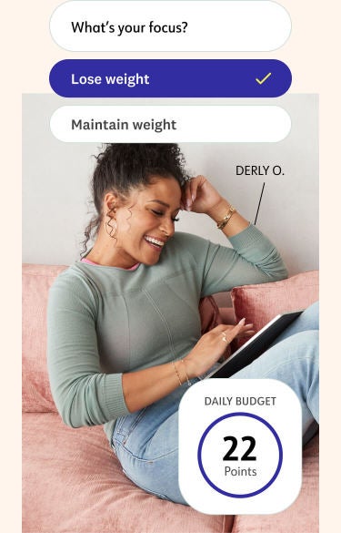 WW Member Derly O. is shown with a daily budget of 22 Points. Also shown is a question from the WW app reading “What’s your focus?” “Lose weight” is selected.