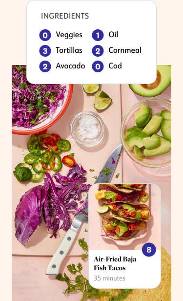 Air-fried baja tacos are 8 Points. The list of ingredients includes avocado at 2 Points and cod at 0 Points.