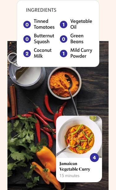 Jamaican Vegetable Curry 4 Points. The list of ingredients includes tinned tomatoes at 0 Points and coconut milk at 2 Points.
