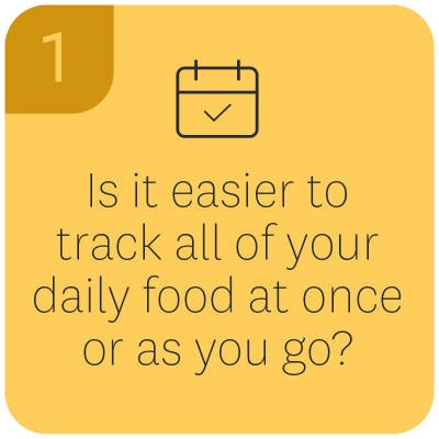 1. Is it easier to track all of your daily food at once or as you go? 2. Do you prefer tracking before, during, or after you eat?