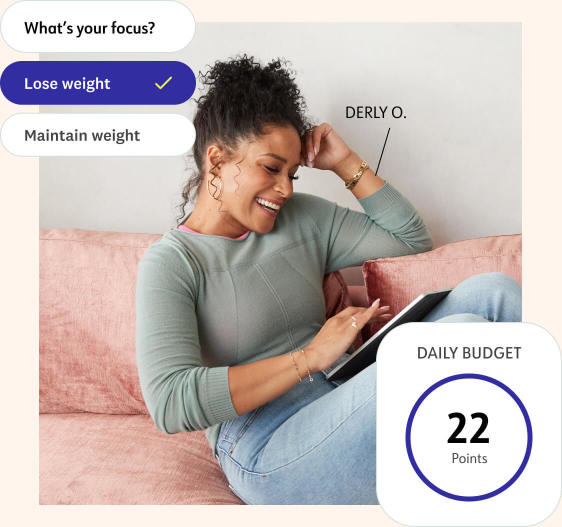 WW Coach Derly O. is shown with a daily budget of 22 Points. Also shown is a question from the WW app reading “What’s your focus?” “Lose weight” is selected.
