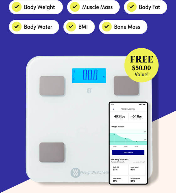 Body weight scale featured with a burst touting that it is free and a $30 value. Listed next to it are its benefits: syncs with WW app, easily tracks progress, more accountability, and builds healthy habits. Also shown is a screenshot of the weight tracking in the app.