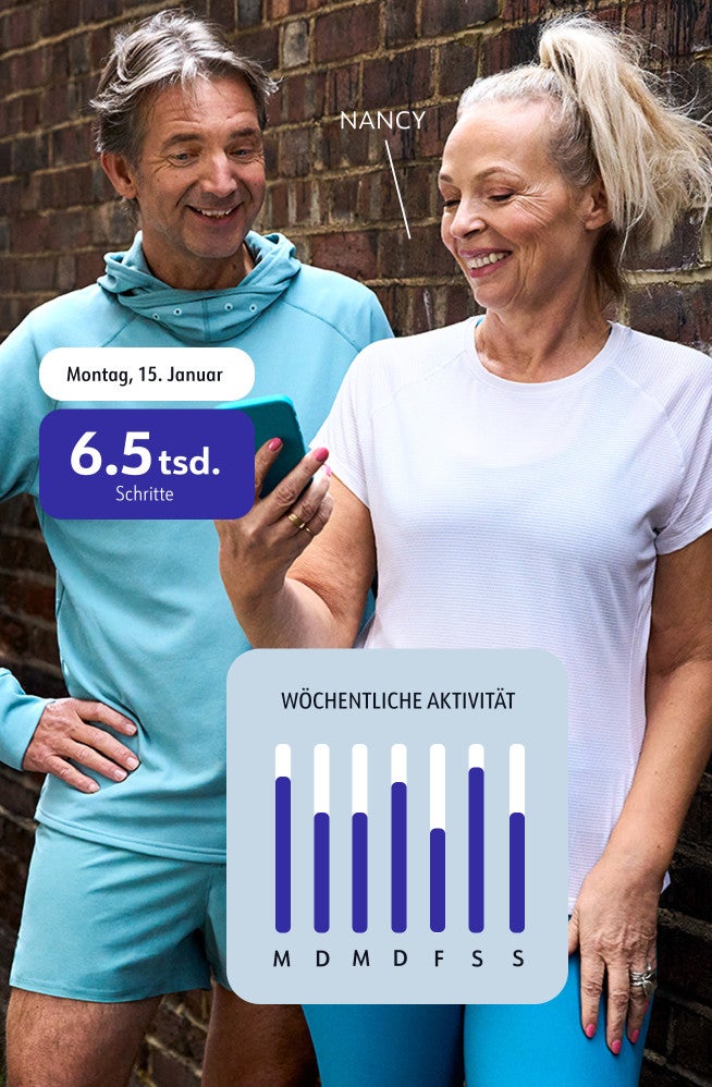 Ein Mann und eine Frau in Sportkleidung plus Activity-Tracking in der App